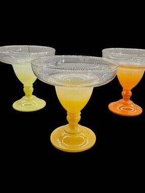 VTG Blendo Margarita Sherbet Glasses  Sunset Yellow Orange Colors Gold Rim Set 3